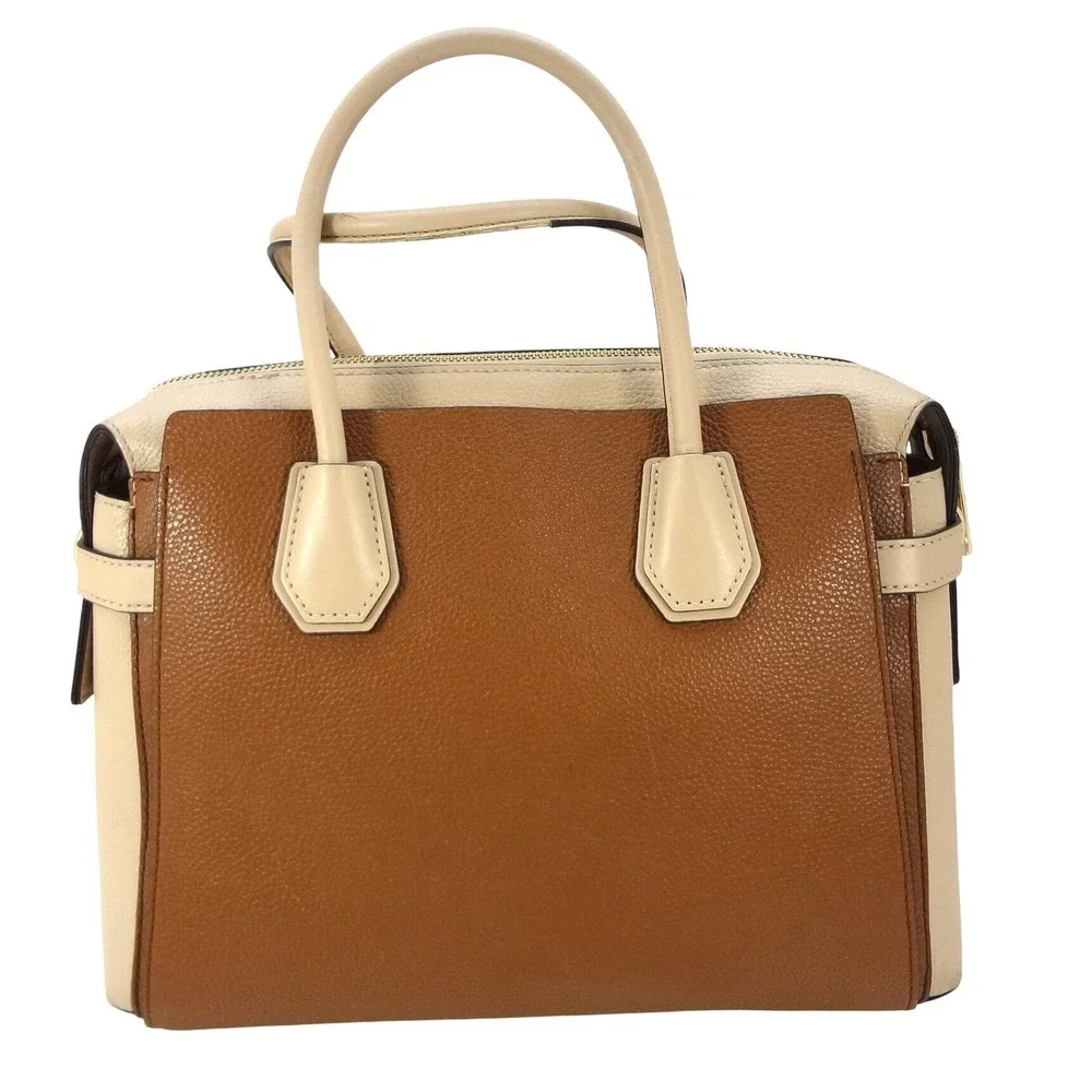 Michael‎ Kors Mercer Medium Colorblock Pebbled Leather Satchel Brown Cream Gold